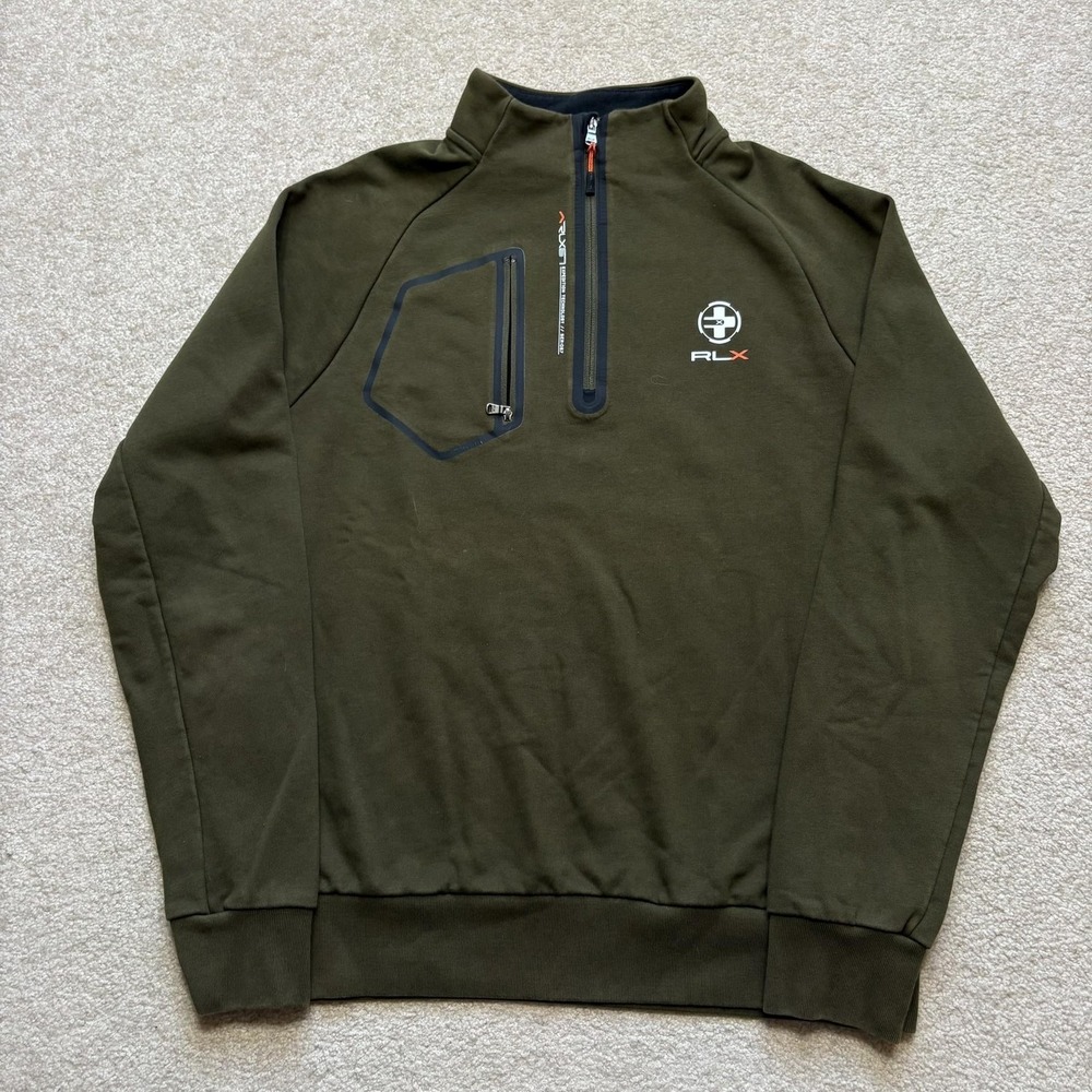 RLX Ralph Lauren‎ Sweatshirt Mens XL Green 1/4 Zip Tech Pullover Chest Pocket